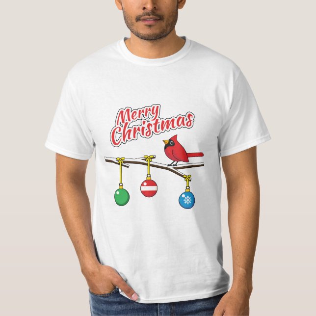 Röd kardinal på julbussen Gren-God jul T Shirt (Framsida)