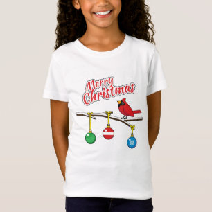 Röd kardinal på julbussen Gren-God jul T Shirt