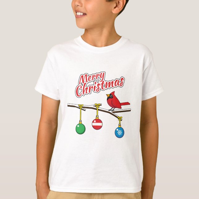Röd kardinal på julbussen Gren-God jul T Shirt (Framsida)