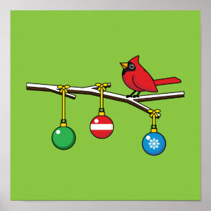 Röd kardinal på julbussen Gren Poster