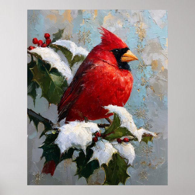 Röd kardinal på snöig järnek poster (Framsidan)