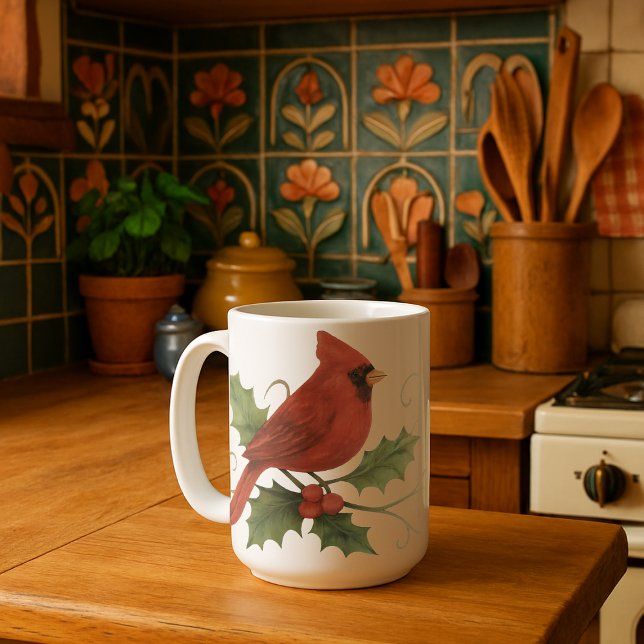 Röd kardinal på Winter Holly och Mistletoe Kaffemugg (Skapare uppladdad)