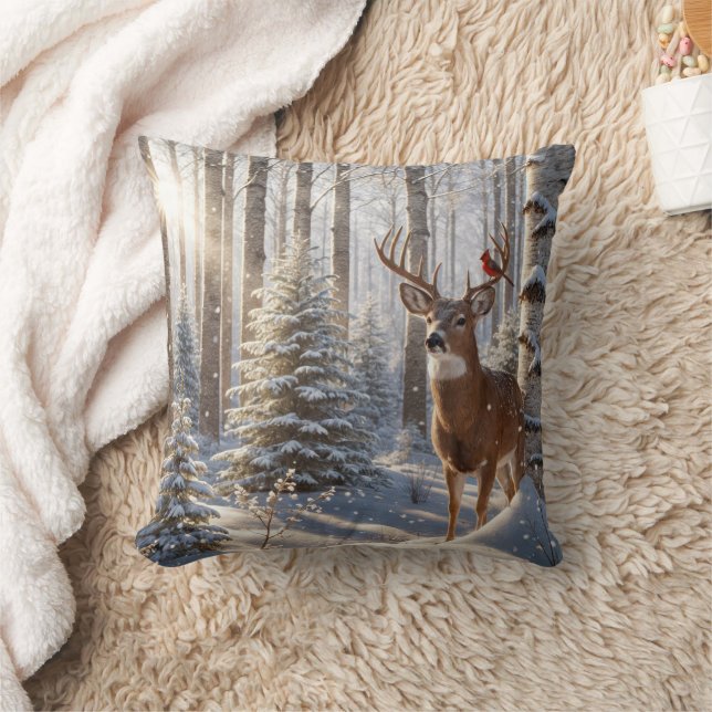 Röd kardinal Perched on a Hjort Antlers Kudde (Filt)