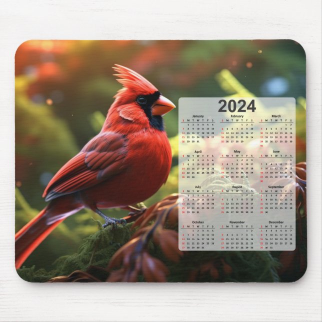 Röd kardinal Perched on Träd Gren 2024 Calendar Musmatta (Framsidan)