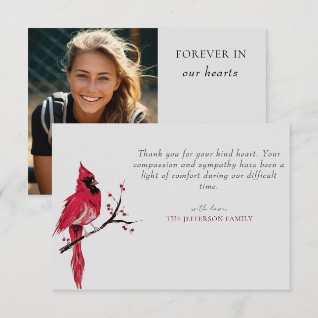 Röd kardinal Photo Funeral Tack ditt kort (Fram/baksida)