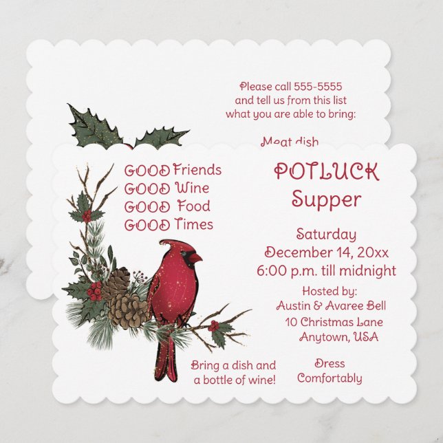 Röd kardinal Utandning Julpot Tur-tillskott Inbjudningar (Fram/baksida)