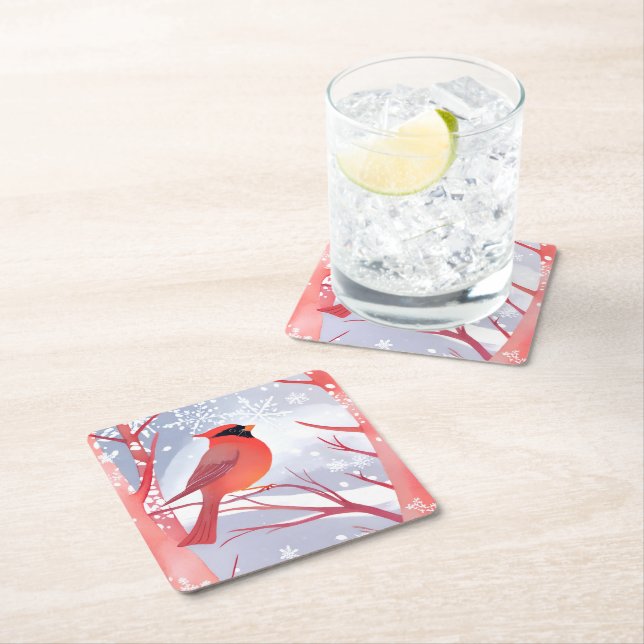 Röd Kardinal | Vacker Akvarellmålning Underlägg Papper Kvadrat (Insitu)