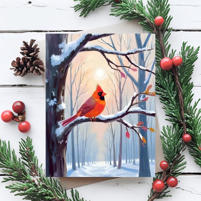 Röd Kardinal | Vinter Skog Jul Vattenfärg  Helg Vykort (Skapare uppladdad)