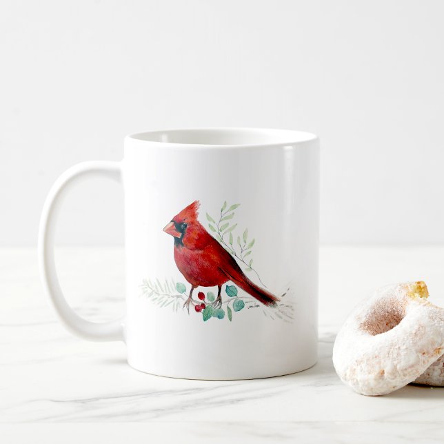 Röd kardinalfågel akvarell konst kaffemugg (Red Cardinal Bird Watercolor Art Coffee Mug from Jenn's Emporium. )