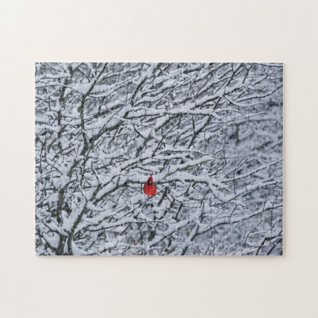 Röd kardinalfågel i Snö Träd Winter Art Puzzle Pussel (Horisontell)
