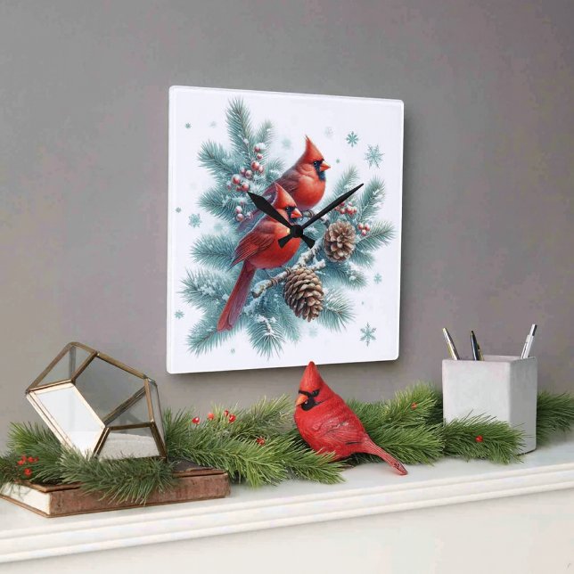 Röd kardinalfågel och tallväggsklocka fyrkantig klocka (Add cozy ambiance to your space with red cardinal birds wall clock. )