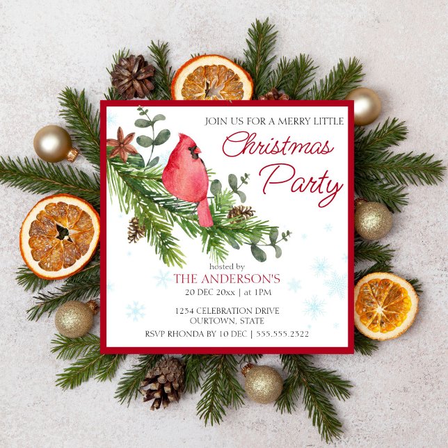 Röd kardinalfågel på en liten jul i gräs inbjudningar (Merry Little Christmas party editable template invitation)