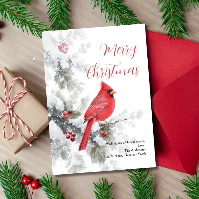Röd kardinalfågel Vinter Högtidlig Julkort (Snowy Winter Tree Branch Red Cardinal Christmas Holiday Greeting Card. Printed or Digital)