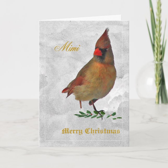 Röd kardinalhona framifrån i snö w holly - tw helgkort (Framsida)