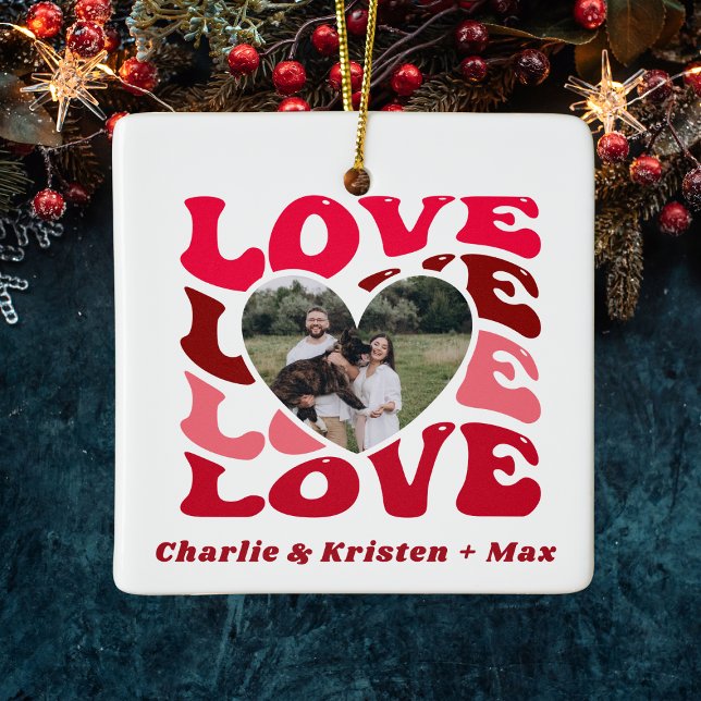 Röd kärlek anpassade parnamn & fotohjärta julgransprydnad keramik (Red Love Custom Couple Names & Photo Heart Ceramic Ornament
)