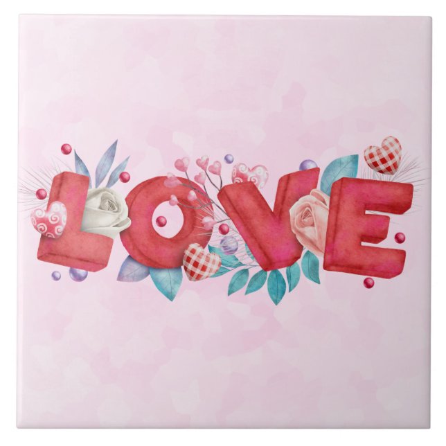 Röd Kärlek-text i fet Brev-vattenfärg Kakelplatta (Framsidan)
