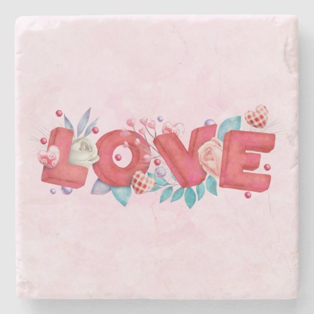 Röd Kärlek-text i fet Brev-vattenfärg Stenunderlägg (Framsidan)