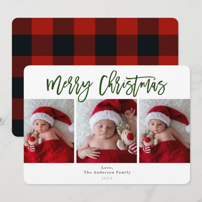 Röd Karo Grön Glad Jul Högtid Foto Inbjudningar (Fram/baksida)