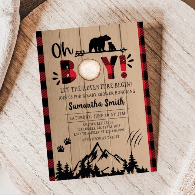 Röd Karorött Träskrobabyshower Inbjudningar (Red Plaid Bear Baby Shower Invitation)