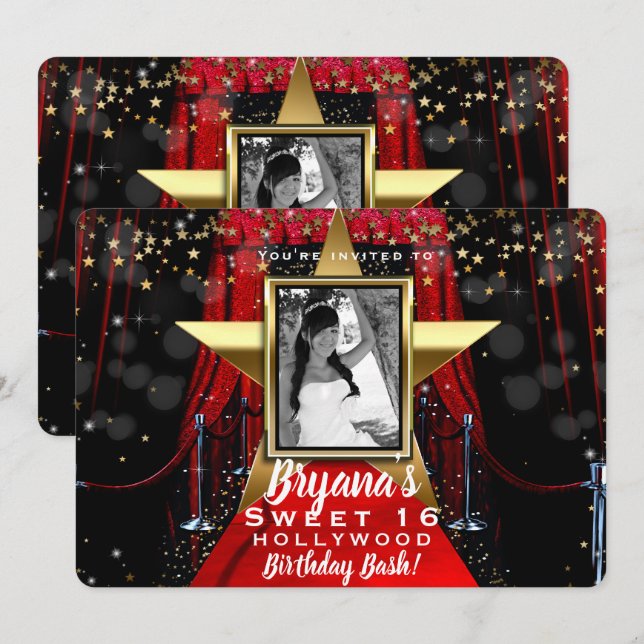 Röd Karpavan Hollywoods Guldstjärnor Fotofest Inbjudningar (Fram/baksida)