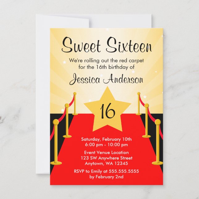 Röd Karpett Hollywood Sweet 16 Födelsedagsfest Inbjudningar (Framsida)