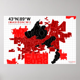 Röd karta för Madison grannskaptypografi - Poster