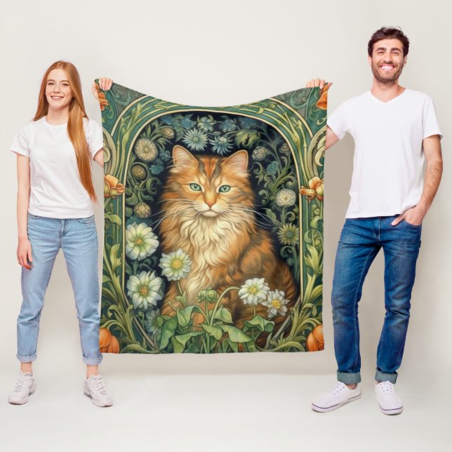 Röd katt i trädgården art nouveau fleecefilt (På plats)