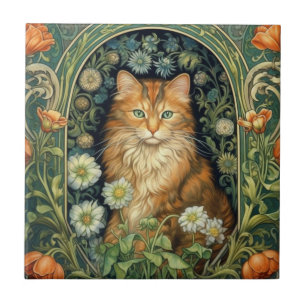 Röd katt i trädgården art nouveau kakelplatta