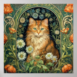 Röd katt i trädgården art nouveau poster