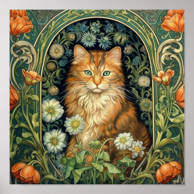 Röd katt i trädgården art nouveau poster (Framsidan)
