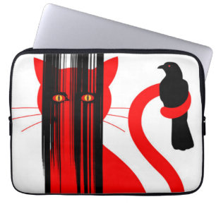 Röd katt och svart fågelillustration laptop fodral