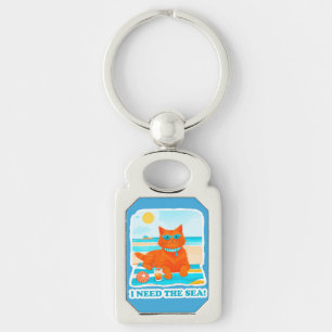 Röd Katt på Stranden Jag Behöver Havet Sommar Rektangulärt Silverfärgad Nyckelring