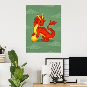 Röd kinesisk drake på grönt poster