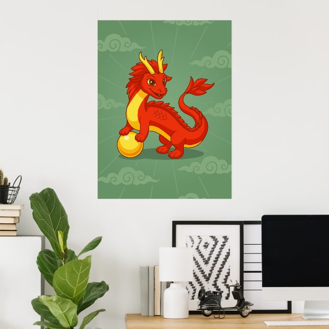 Röd kinesisk drake på grönt poster (Hemmakontoret)