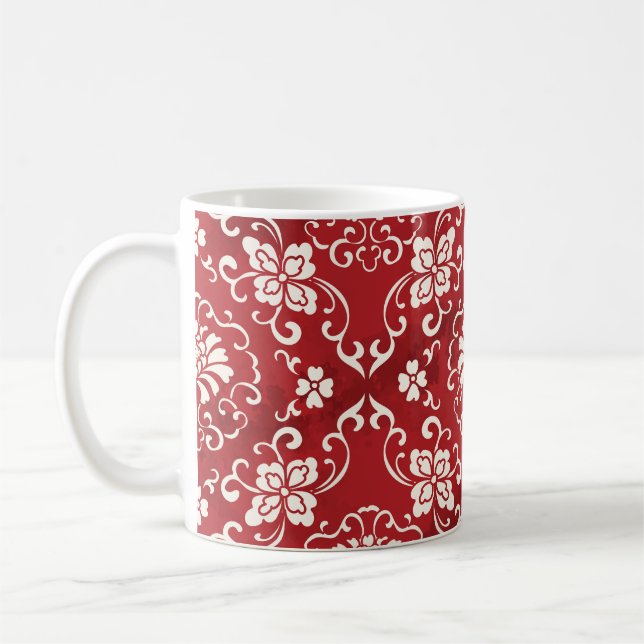 Röd kinesiska spiral-blommans bakgrund. kaffemugg (Vänster)