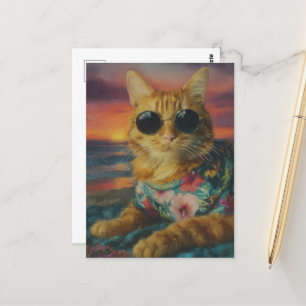 Röd kitty i solglasögon på stranden vykort