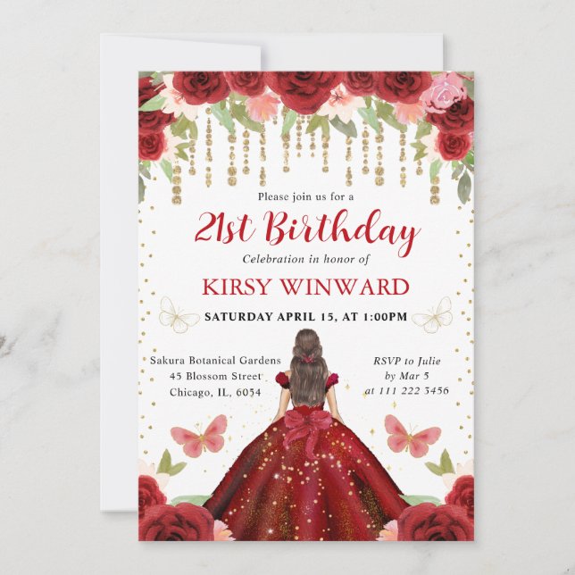 Röd klänning Brunett Hår Prinsessa 21-årsdag  Inbjudningar (Framsida)