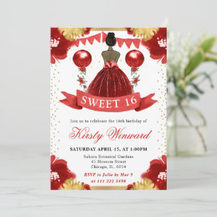 Röd klänning Mörk hy Prinsessa Sweet 16 Inbjudningar