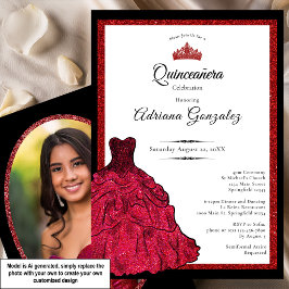 Röd klänning och tiara anpassad foto Quinceanera Inbjudningar