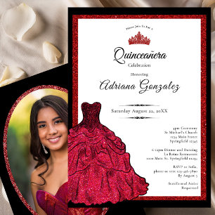 Röd klänning och tiara anpassad foto Quinceanera Inbjudningar