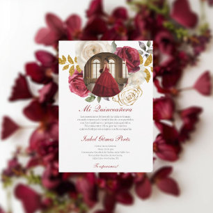 Röd klänning Quinceanera med bild på spanska Inbjudningar