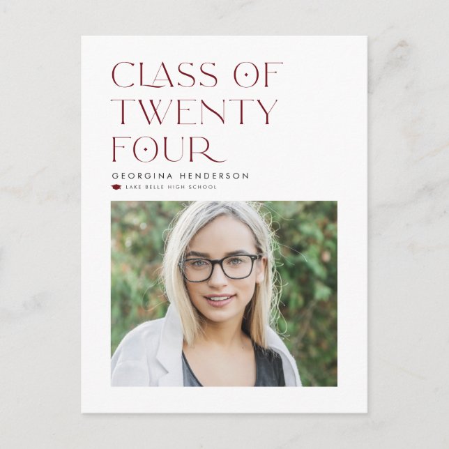 Röd klass 2024 Modern minimalistisk examen Vykort (Framsida)