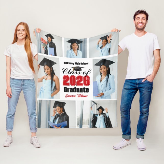 Röd klass 2026-examensfoto collage fleecefilt (På plats)