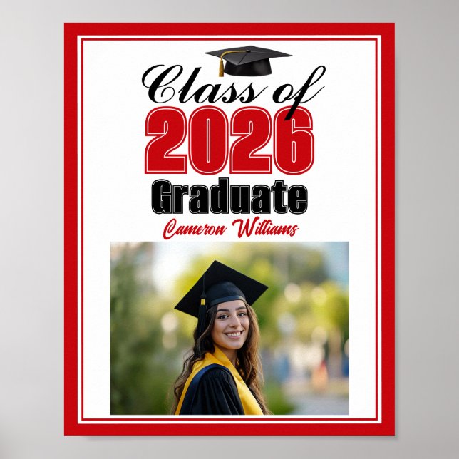 Röd klass 2026 Foto Anpassad examensfest Poster (Framsidan)
