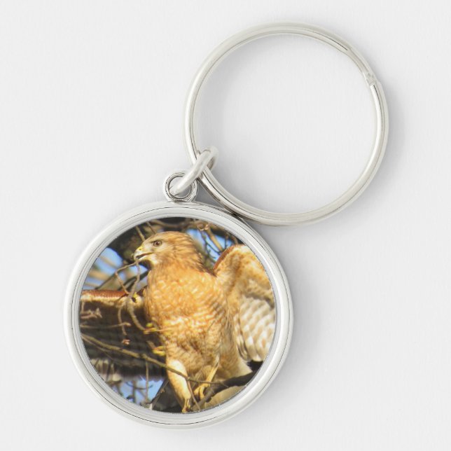 Röd-knuffad höknyckelring rund silverfärgad nyckelring (Framsidan)