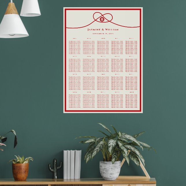 Röd Knut Dubbel Lycka Bröllops Sittplatskarta Poster (Vardagsrum 1)