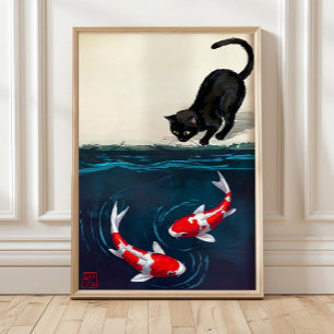 Röd Koi-fisk och katttryck, Rolig japansk konstpri Poster