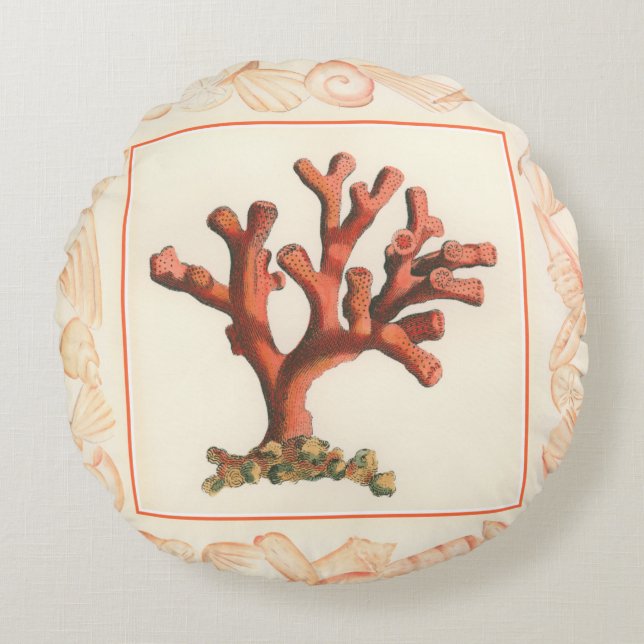 Röd korall med Conch Snäcka Gräns Rund Kudde (Framsidan)