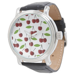 Röd körsbär, Mönster av körsbär, blad, frukt Armbandsur