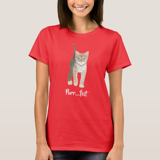 Röd Kortärmad Tabby Kattunge T Shirt (Framsida)